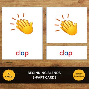 Könnte beinhalten: Lernkarten mit einem gelben Emoji von klatschenden Händen und dem Wort clap in roten und blauen Buchstaben. Das Set enthält 30 Karten mit der Aufschrift Beginning Blends 3-Part Cards und dem Text Instant Download auf einem dunklen Banner.