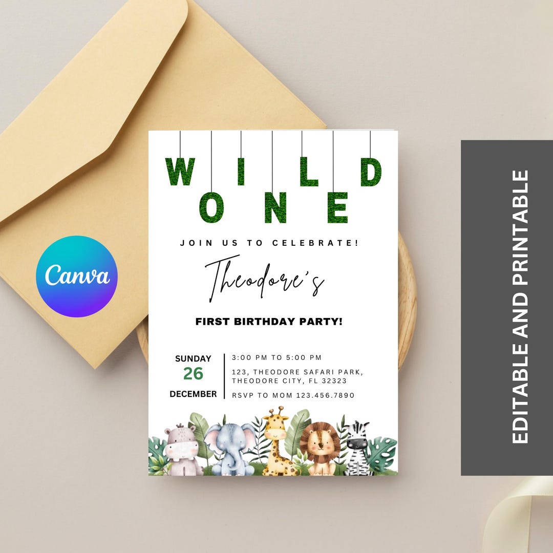 Wild One First Birthday Party Invitation Template Card Canva Editable ...