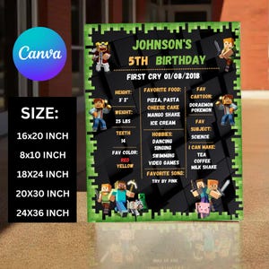Editable mine theme milestone board Birthday Template Poster Banner Printable| Canva mine theme crafter Chalkboard Instant Download 1st bday
