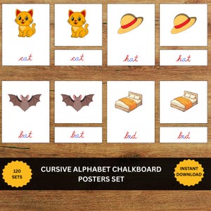 May include: A set of educational posters featuring illustrations of a cat, hat, bat, and bed, each paired with its corresponding word written in blue cursive script. The bottom banner displays the text CURSIVE ALPHABET CHALKBOARD POSTERS SET.