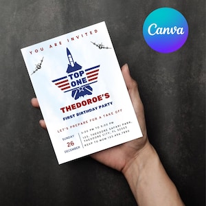 Editable Top One Fighter Pilot Birthday Invitation - Jet Pilot Theme - Digital Download Mobile Printable Cell Phone Canva Template Evite