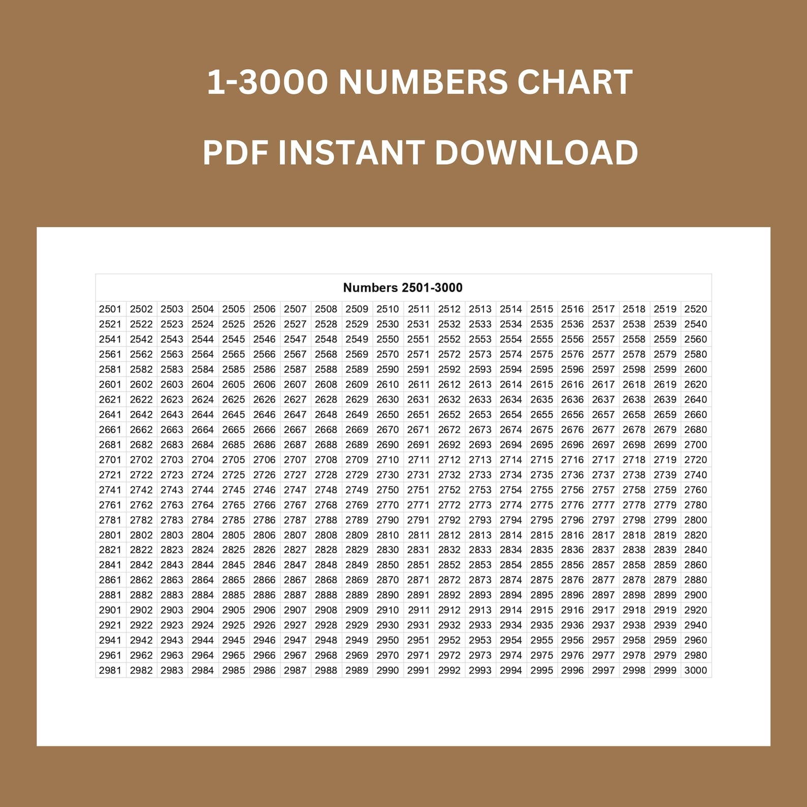 Graph Paper To 3000 Numbers 1-3000 Chart | Math Printable (PDF Download) - Etsy