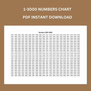 Puede incluir: Un gráfico PDF de descarga instantánea con números del 1 al 3000, dispuestos en filas y columnas. El gráfico está diseñado para fines educativos, con números claramente mostrados en una fuente legible.