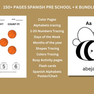 Spanish PreK + K Bundle, 100 Pages | Spanish Preschool & Kindergarten Worksheets for Ages 3+ | Printable Kids Quiet Book Workbook Activity