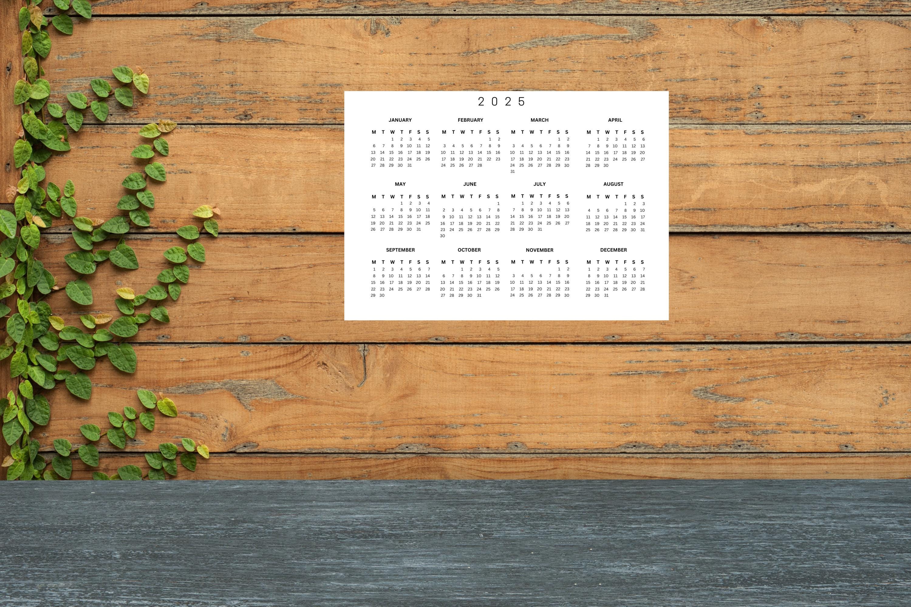 Printable 2025 Year Calendar Landscape With 3X3 Mini Flashcards Instant Download, Minimalist