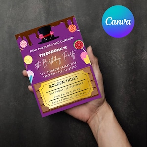 Golden Ticket inspiriert Charlie Fabrik Geburtstagseinladung | Bearbeitbar Einladen für Kinder | Lila 13x18 Vorlage | Schokolade | Sofort Download