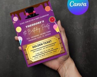 Invitación de cumpleaños Golden Ticket: Tema de Charlie Factory (Descarga digital)