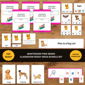Puede incluir: Un conjunto educativo Montessori Pink Series que incluye cinco libros de vocales cortas, varias tarjetas de formación de palabras con ilustraciones de animales, fichas de letras y tiras de frases con textos como Max is a big cat y A dog can run.