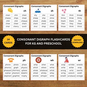 Könnte beinhalten: Ein Set von Lernkarten mit dem Titel Consonant Digraphs for KG and Preschool, bestehend aus sechs Karten mit Wörtern und Illustrationen für die Laute ch, sh, th, ph, wh und wr. Die Karten zeigen Symbole wie Käse, ein Schiff, Blumen, ein Telefon, ein Rad und eine schreibende Person.