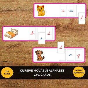 May include: Educational CVC cards featuring illustrations of a cat, a bed, and a dog with cursive letters. The cards display the text CURSIVE MOVABLE ALPHABET CVC CARDS and 120 CARDS INSTANT DOWNLOAD. The design uses pink borders and white letter tiles.