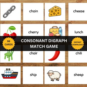 Könnte beinhalten: Ein Konsonanten-Digraphen-Zuordnungsspiel mit 96 Karten, die Illustrationen von einer Kette, Käse, Kirschen, einem Mittagessen, einem Stuhl, einer Chilischote, einem Schiff und einem Schaf zeigen, jeweils mit dem passenden Wort beschriftet.