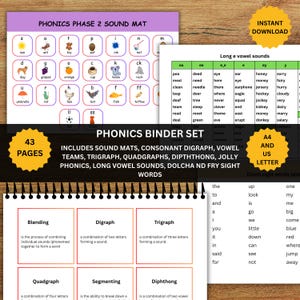 Può includere: Un set di raccoglitori di fonetica da 43 pagine con tappetini sonori educativi, tabelle dei suoni delle vocali lunghe ed elenchi di parole comuni. I materiali includono illustrazioni colorate per la fase 2 di fonetica e definizioni grammaticali.