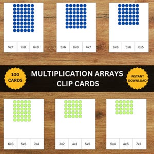 Puede incluir: Un conjunto de tarjetas de multiplicación con patrones de puntos circulares azules y verde claro sobre fondos blancos. Las tarjetas muestran varias ecuaciones de multiplicación y el texto 100 CARDS, MULTIPLICATION ARRAYS CLIP CARDS e INSTANT DOWNLOAD.