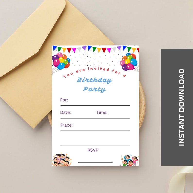 Blank Birthday Invitation Template PDF Instant Download Fill in Blank