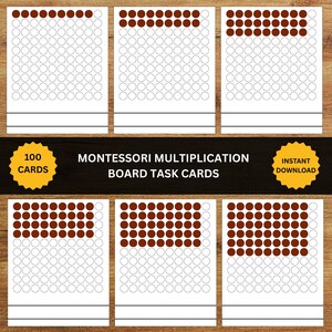 Op de afbeelding: Zes witte rechthoekige kaarten met rasters van cirkels, waarvan sommige bruin zijn ingekleurd. De tekst luidt: 100 CARDS, MONTESSORI MULTIPLICATION BOARD TASK CARDS, INSTANT DOWNLOAD. Elke kaart heeft onderaan twee horizontale lijnen om op te schrijven.