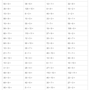 May include: A black and white worksheet with the title "Division Worksheet". The worksheet contains a series of maths problems involving division. Each problem is presented in the format of a number followed by a plus sign and another number, then an equals sign. The problems are arranged in three columns.