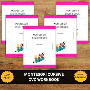 May include: Five white educational workbooks with bright pink borders, each titled Montessori Short A, E, I, O, or U Book. Each cover features a graphic of three children riding a pencil and a box labeled belongs to. The bottom text reads 100+ Pages.