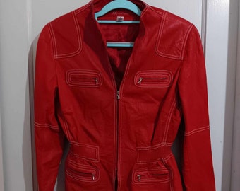 ANN KLEIN Veste en CUIR Rouge sur mesure - Taille élastique - Taille Femme Moyenne - ~~~voir les mesures~~~