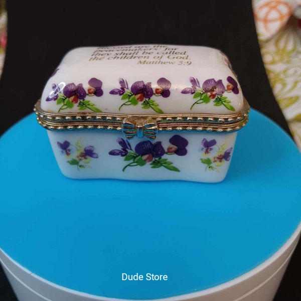 Imperial Porcelain Rectangle Trinket Box Hinged - Matthew 5-9 - Bible Scripture & Flowers Procelain Hinged Box