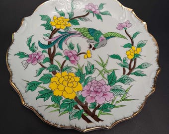 Placa de pared vintage UCGC - Corea, coleccionable, de 8", con diseño floral y de pájaros, con detalles dorados