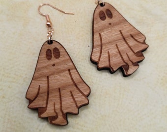 Ghost Earrings, Wooden Halloween Dangles