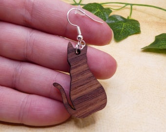 Wooden Cat Earrings, Kitty Animal earrings