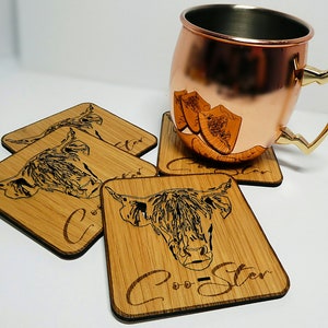 Highland Cow Coasters, Set of 1, 2, 4, 6 or 8 Oak Farm House Style drink holders