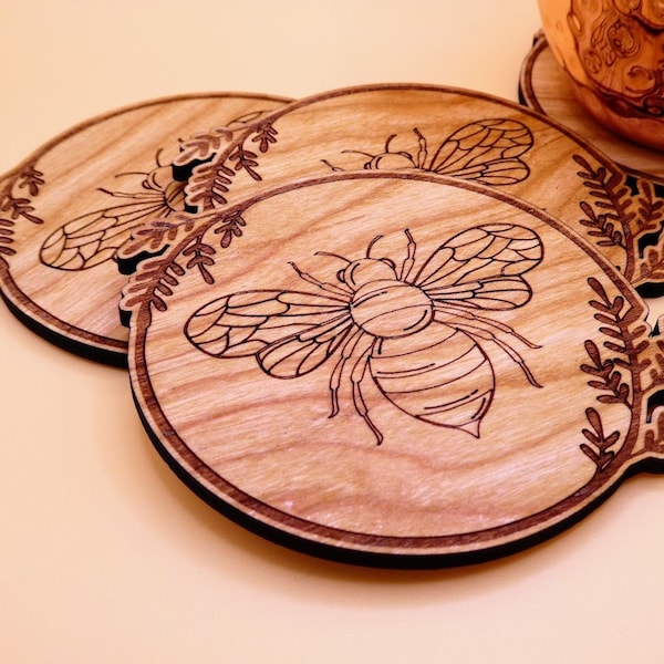 Bee Coasters Set of 2, 4, 6 or 8. Rustic Cottage farmhouse style Bee coffee & drinks mats with a lavender border