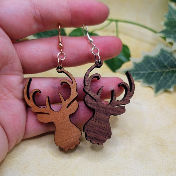 Wooden Stag Earrings, Deer with Antlers, Christmas Reindeer Dangles