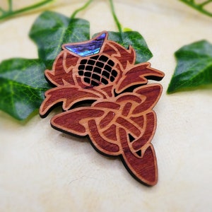 Scottish Highland Thistle Pin, Wooden Broach with purple abalone shell inlay and Celtic knot