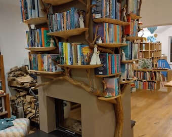 Bespoke Tree Bookshelf Surround for Fireplace · Hand-Crafted Wooden Shelving · Sculptural Bookcase · Made to Order