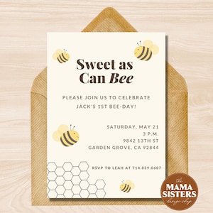 Editable Sweet As Can Bee Birthday Invitation | Bee Day Party | 1st Bee Day Party | Boy Girl Bee Birthday | Bee Day Digital Download