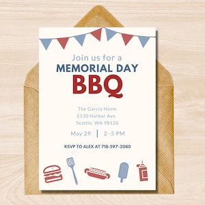 Memorial Day Invitation, Memorial Day BBQ Invite, Memorial Day Party Invite, Memorial Day BBQ Flyer, BBQ Party Invite Red White and Blue