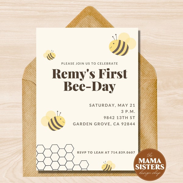 Editable First Bee Birthday Invitation | First Bee Day Party | 1st Bee Day Party | Boy Girl Bee Birthday | 1st Bee Day Digital Download