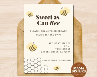 Editable Sweet As Can Bee Birthday Invitation | Bee Day Party | 1st Bee Day Party | Boy Girl Bee Birthday | Bee Day Digital Download