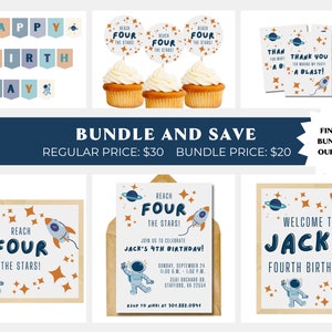 May include: A bundle of printable party decorations for a 4th birthday with an outer space theme. The bundle includes a banner, cupcake toppers, thank you cards, invitations, and a welcome sign. The decorations feature an astronaut, rockets, stars, and planets in blue, orange, and white.