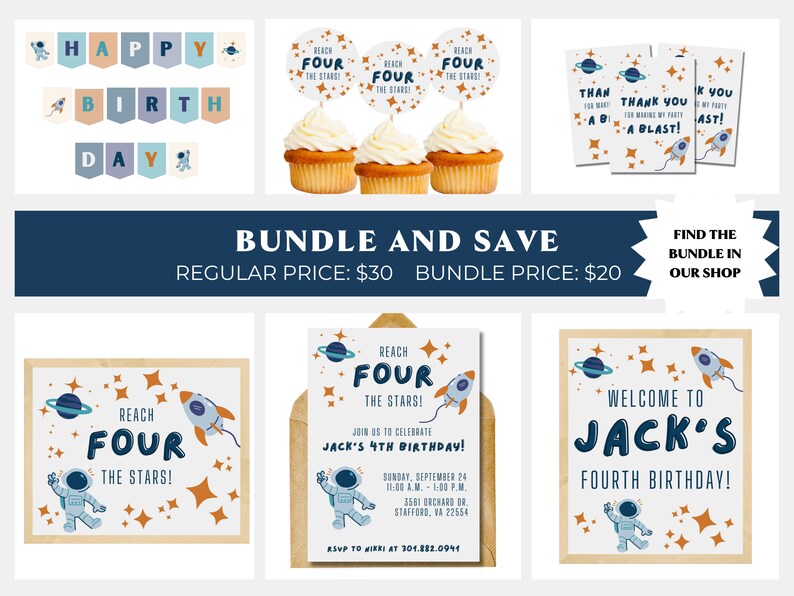 May include: A bundle of printable party decorations for a 4th birthday with an outer space theme. The bundle includes a banner, cupcake toppers, thank you cards, invitations, and a welcome sign. The decorations feature an astronaut, rockets, stars, and planets in blue, orange, and white.