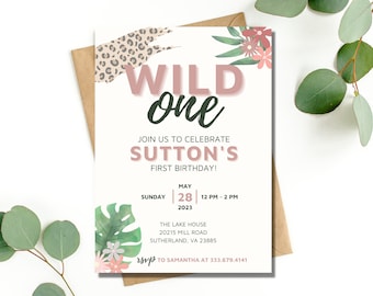 Wild One Birthday Invite Girl, Wild One Safari Invite Girl, Wild One First Birthday Invite Girl, Wild One Jungle Birthday Invite