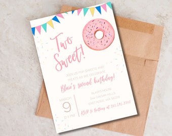 Two Sweet Invitation, Donut Invite, Two Sweet Invite, Two Sweet Birthday Invitation, Donut Party Invitation, Donut 2nd Birthday Invitation