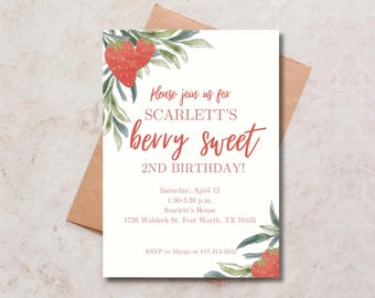 Faire-part d'anniversaire doux baies, faire-part d'anniversaire aux fraises, invitation d'anniversaire baies, invitation de fête d'anniversaire douce baies, invitation de baies