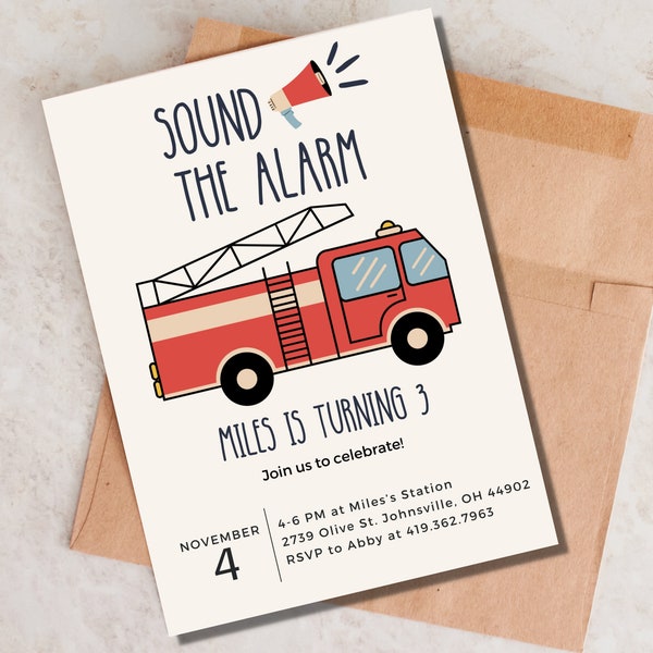 Fire Truck Birthday Invitation, Firetruck Invitation, Fire Engine Invitation, Fire Truck Birthday Party, Firetruck Birthday Printable