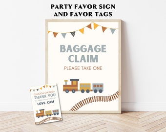 May include: A printable party favour sign with a train theme. The sign says "Baggage Claim" and "Please Take One". There are small flags in the background and a train with a brown, yellow, and grey colour scheme.