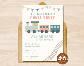 Editable Chugga Chugga Two Two Invitation | Girl Train Birthday Invite | Train Invite Second Birthday | Pink Train Birthday Party Invite