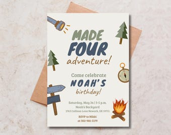 Camping Birthday Invitation, Adventure Birthday Invitation, Made Four Adventure Birthday Invite, Nature Birthday Invitation, Camping Party