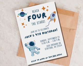 Space Birthday Party Invitation, Space Birthday Invite, Space Invite, Reach Four The Stars Invitation, Reach 4 The Stars, Space Invitation