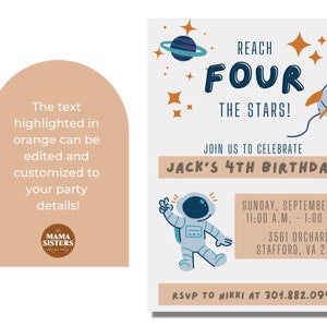 May include: A space-themed birthday invitation for a 4-year-old boy named Jack. The invitation features a cartoon astronaut, a rocket ship, and stars. The text reads "Reach Four The Stars! Join us to celebrate Jack's 4th Birthday!"  Sunday, September 24, 11:00 A.M. - 1:00 P.M., 3561 Orchard Dr., Stafford, VA 22554, RSVP to Nikki at 301.882.0941.