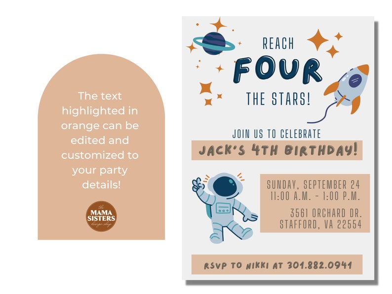 May include: A space-themed birthday invitation for a 4-year-old boy named Jack. The invitation features a cartoon astronaut, a rocket ship, and stars. The text reads "Reach Four The Stars! Join us to celebrate Jack's 4th Birthday!"  Sunday, September 24, 11:00 A.M. - 1:00 P.M., 3561 Orchard Dr., Stafford, VA 22554, RSVP to Nikki at 301.882.0941.