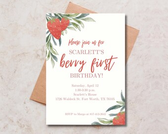 Faire-part de première fête d'anniversaire de baies, invitation de premier anniversaire de fraises, invitation de premier anniversaire de baies, invitation d'anniversaire de baies