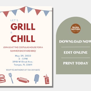 Peut inclure: Une invitation imprimable pour un barbecue d'&eacute;t&eacute; avec le texte "Let's Grill & Chill" en rouge et bleu. L'invitation comprend des d&eacute;tails sur l'&eacute;v&eacute;nement, y compris la date, l'heure, le lieu et les informations de RSVP. L'invitation est d&eacute;cor&eacute;e de banderoles rouges et bleues et d'ic&ocirc;nes de hamburger, spatule, hot-dog, popsicle et bouteille de ketchup.