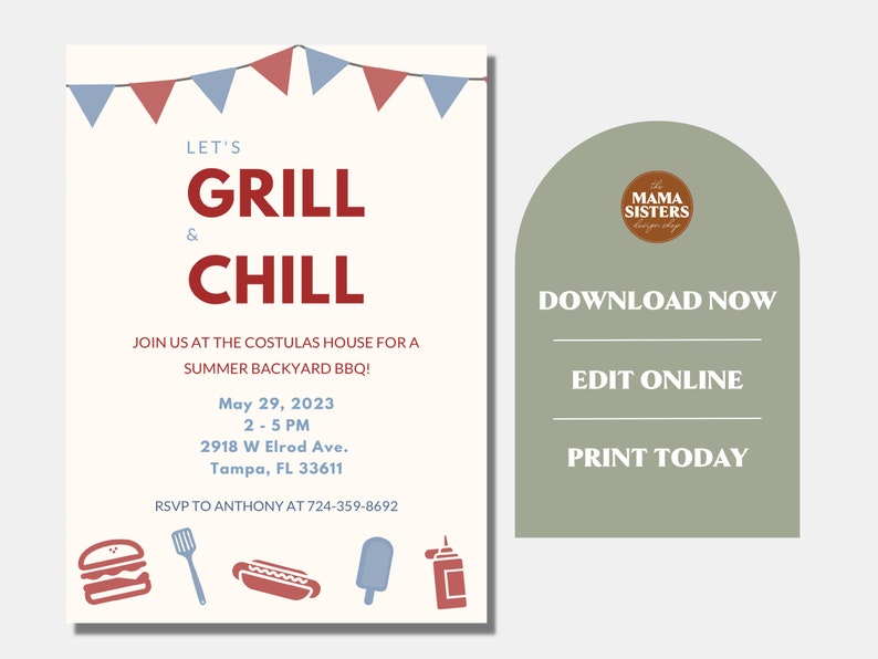 Peut inclure: Une invitation imprimable pour un barbecue d'&eacute;t&eacute; avec le texte "Let's Grill & Chill" en rouge et bleu. L'invitation comprend des d&eacute;tails sur l'&eacute;v&eacute;nement, y compris la date, l'heure, le lieu et les informations de RSVP. L'invitation est d&eacute;cor&eacute;e de banderoles rouges et bleues et d'ic&ocirc;nes de hamburger, spatule, hot-dog, popsicle et bouteille de ketchup.